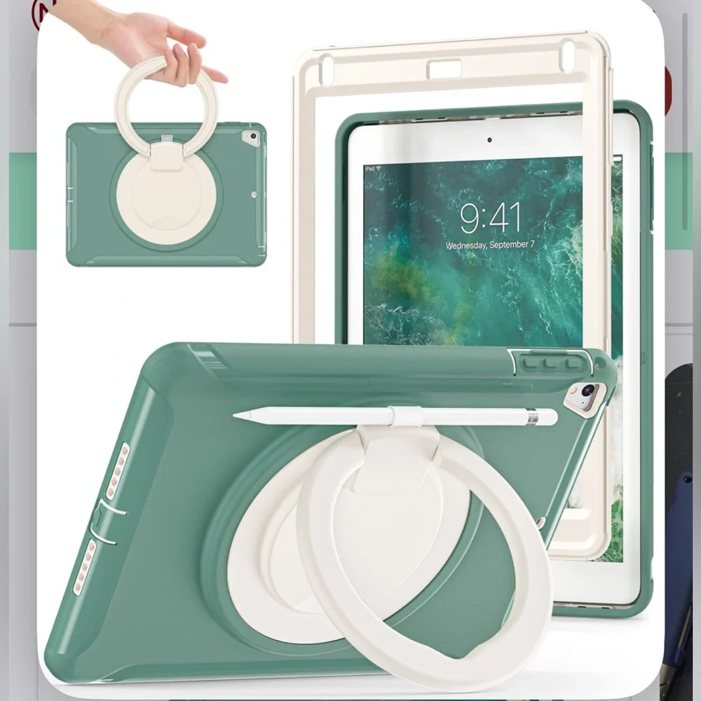 iPad Shockproof Cover with Pencil Holder Rotating Kickstand & Carry Handle GREEN